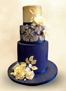 Blue and Gold stencil wedding tall cake Tamworth West Midlands Staffordshire