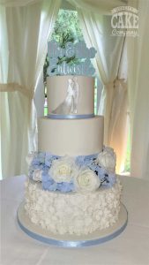 Blue and white silhouette wedding cake with silk flower tier Tamworth West Midlands Staffordshire