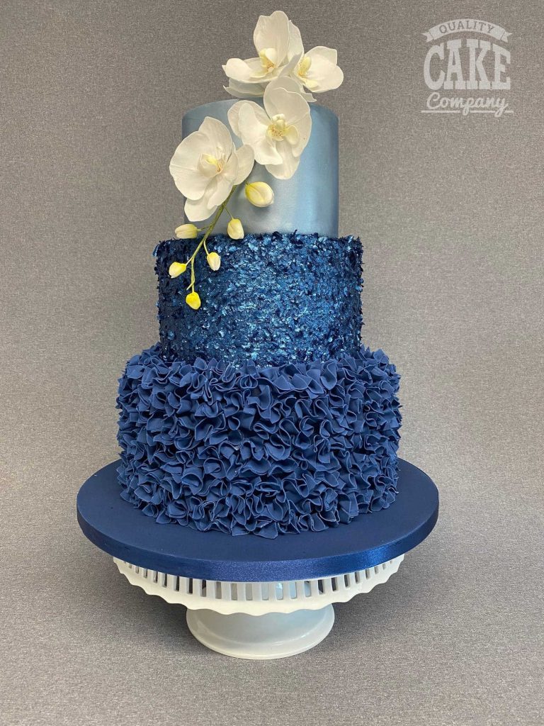 Blue glitter and ruffle wedding cake orchids three tier Tamworth West Midlands Staffordshire