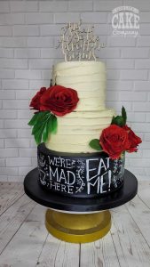 Buttercream and handpainted chalkboard alice in wonderland cake red roses wedding Tamworth West Midlands Staffordshire