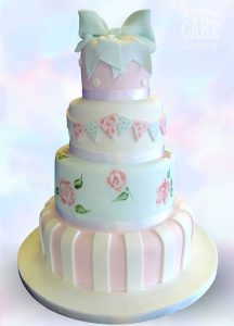 Pastel four tier wedding cake bows bunting fabric inspired Tamworth West Midlands Staffordshire