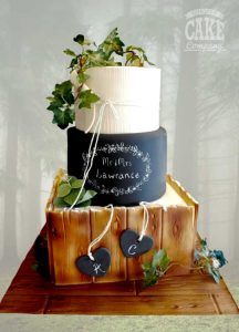 Chalk board wooden crate wedding ivy three tier wedding Chalk board wedding