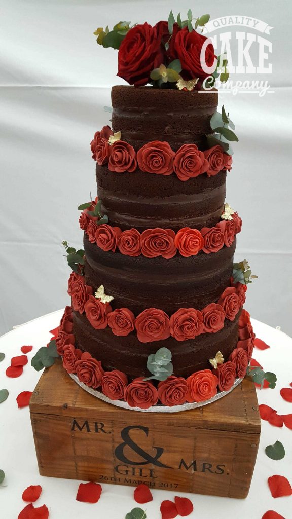 Chocolate Naked Wedding Cake Roses four tier Tamworth West Midlands Staffordshire