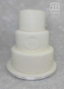 Classic white pearls and intials three tier wedding no flowers Tamworth West Midlands Staffordshire