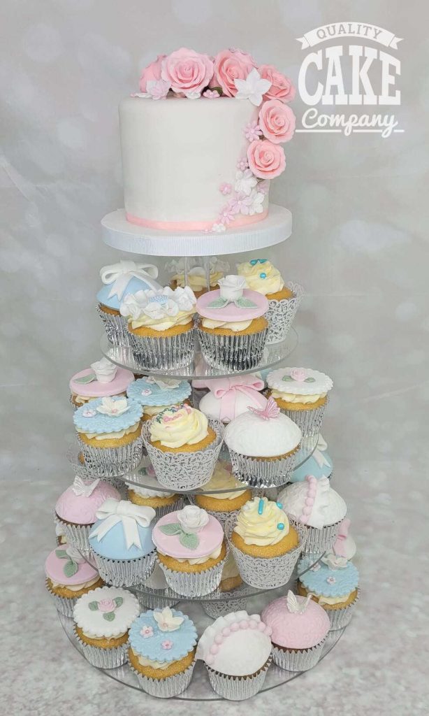 Cupcake tower mixed toppers blues and pinks vintage wedding Tamworth West Midlands Staffordshire