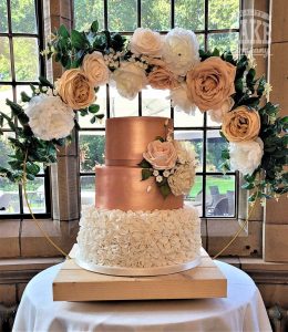 Double rose gold and ruffle three tier wedding cake on hoop stand three tier Tamworth West Midlands Staffordshire
