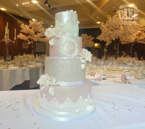 Wedding cake four tier lace glitter initials flowers pearl shimmer Drayton Manor Tamworth West Midlands Staffordshire