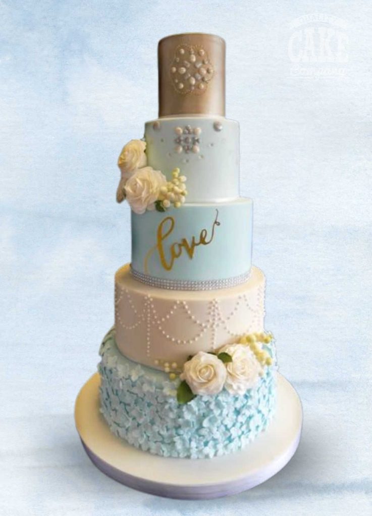 Five tier extravagant ivory gold and duckegg blue wedding cake pearls and piping Tamworth West Midlands Staffordshire