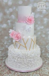 Elegant pink and white wedding ruffle geometric pattern four tier luxury cake Tamworth West Midlands Staffordshire