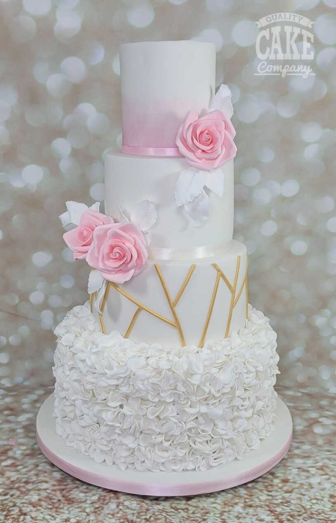 Elegant pink and white wedding ruffle geometric pattern four tier luxury cake Tamworth West Midlands Staffordshire