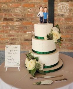 Emerald green ribbon wedding cake fresh flowers with clay topper Tamworth West Midlands Staffordshire