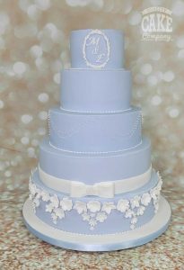 Five tier classic wedding cake wedgewood blue dots and flowers monogram bow Tamworth West Midlands Staffordshire