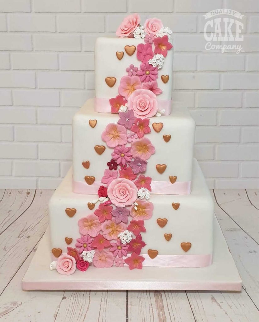 Floral heart pink cascade square three tier Tamworth West Midlands wedding cake Staffordshire