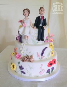 Floral wild flower wedding cake fondant couple and cat Tamworth West Midlands Staffordshire