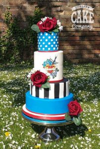 Four-tier wedding cake rockabilly kitsch dots stripes bright mismatch tiers Tamworth West Midlands Staffordshire