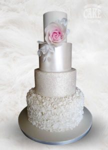 Four tier all white glitter shimmer ruffle wedding cake Tamworth West Midlands Staffordshire