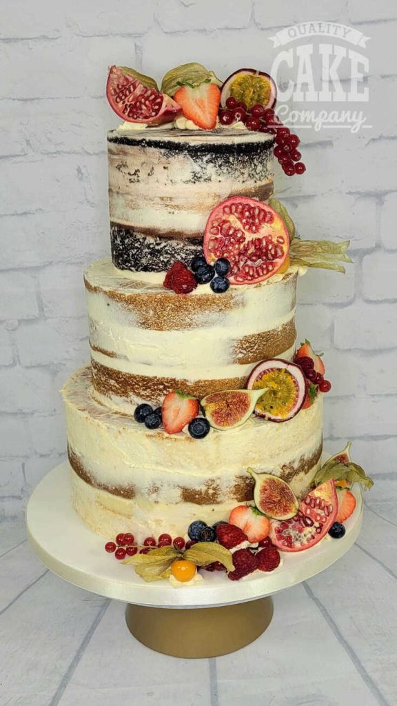 Fresh fruit semi naked wedding cake three tier Tamworth West Midlands Staffordshire