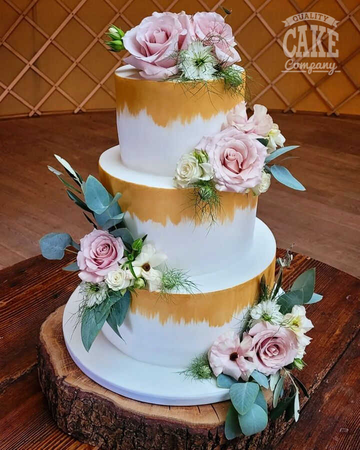 Gold brushed wedding cake with fresh flowers Tamworth West Midlands Staffordshire