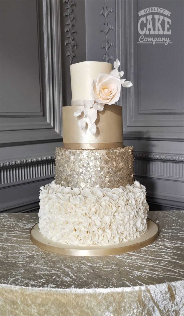 Gold four tier ruffle and crystal wedding cake Tamworth West Midlands Staffordshire