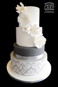 Grey and white stencil wedding four tier cake Tamworth West Midlands Staffordshire