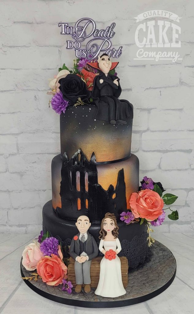 Halloween wedding cake three tier themed dracular whitby abby couple Tamworth West Midlands Staffordshire