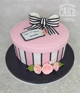 black white and pink hat box cake - tamworth