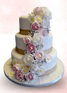 Hessian ribbon floral cascade wedding soft pink and yellow three tier Tamworth West Midlands Staffordshire