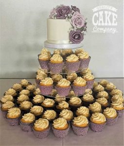 Purple themed cupcake wedding tower lace wraps Tamworth West Midlands Staffordshire