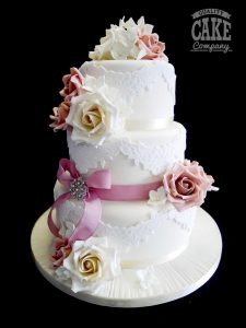 Ivory and rose pink satin ribbon wedding cake Tamworth West Midlands Staffordshire