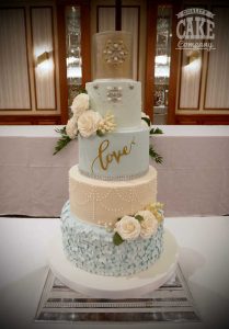 Large pale blue and gold five tier elabroate wedding cake Tamworth West Midlands Staffordshire