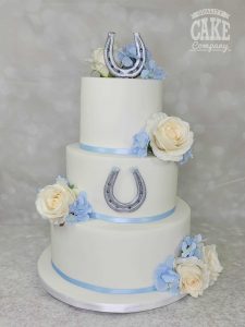 Lucky horseshoe blues and ivory silk wedding cake Tamworth West Midlands Staffordshire