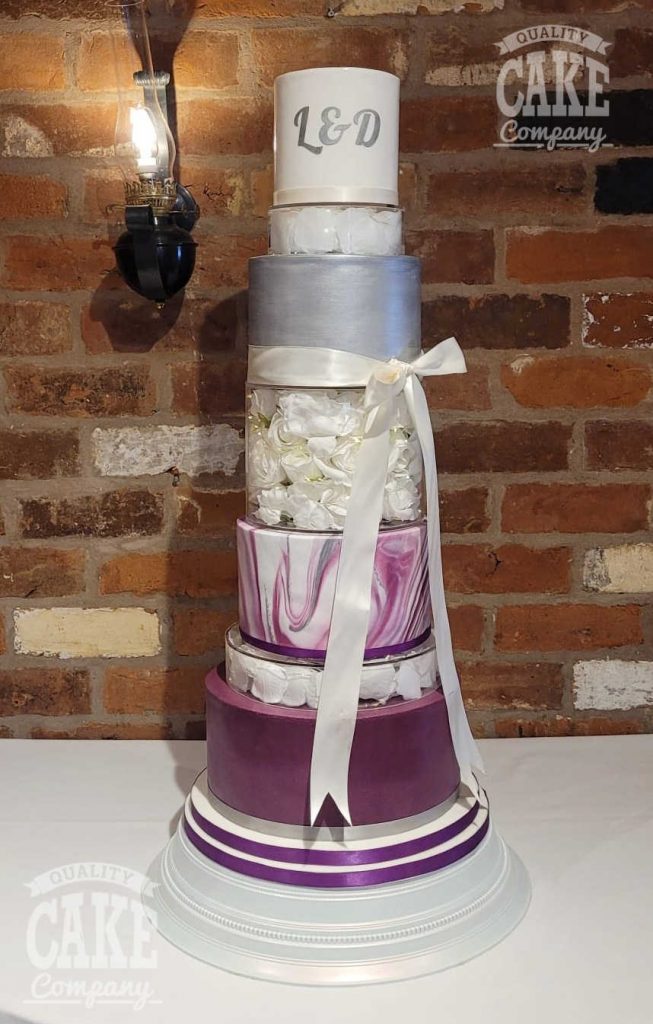 Marble plum purple and silver tall wedding cake clear spacer filled Tamworth West Midlands Staffordshire