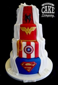 Marvel reveal wedding cake four tier wonderwoman spiderman superman captain america Tamworth West Midlands Staffordshire