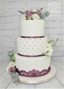 Mauve purple quilted three tier fresh flower lace wedding cake Tamworth West Midlands Staffordshire