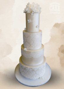 Mellow yellow gold chamapgne ivory extra tall four tier wedding cake stencil and lace Tamworth West Midlands Staffordshire