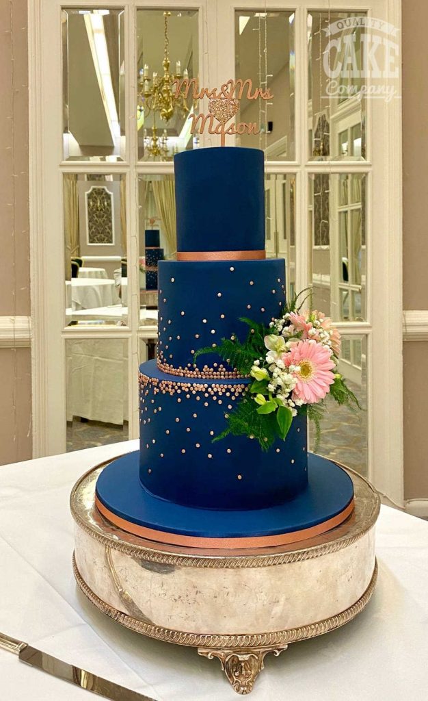 Navy Blue and rose gold confetti wedding cake Tamworth West Midlands Staffordshire