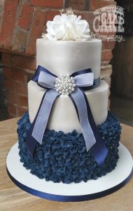 Navy blue ruffle bow and shimmer wedding cake Tamworth West Midlands Staffordshire