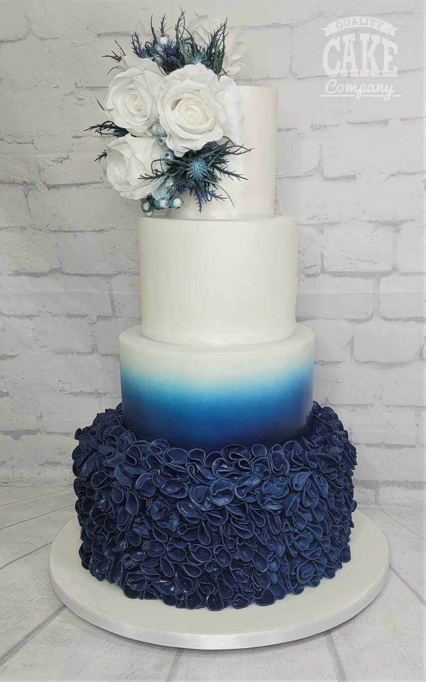 Navy Blue Ruffle Wedding Cake Four Tier Ombre 