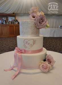New Hall wedding cake with fresh flowers, glitter and hand painted initials Tamworth West Midlands Staffordshire