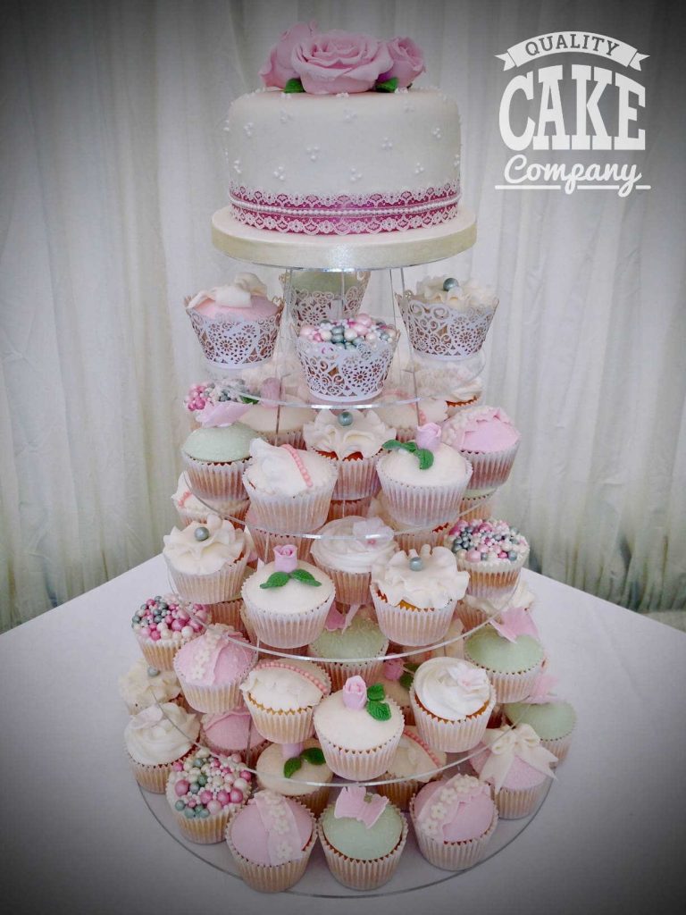 Pastel colour wedding tower of vintage cupcakes pink and green Tamworth West Midlands Staffordshire