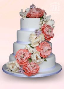 Peach ivory peony cascade four tier short wedding cake Tamworth West Midlands Staffordshire