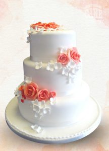 Simple classic white peach three tier wedding cake Tamworth West Midlands Staffordshire