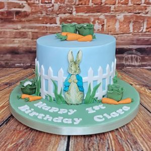 peter rabbit fence and vegetables first birthday cake - Tamworth