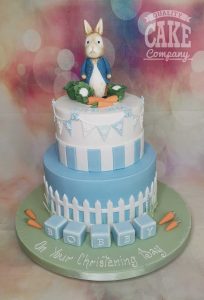 two tier peter rabbit buntin and blocks christening cake - Tamworth