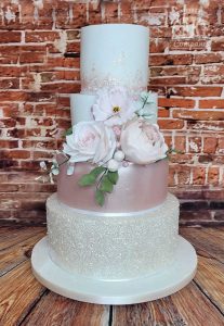 Pink and glitter shimmer wedding cake four tier sugar flowers Tamworth West Midlands Staffordshire