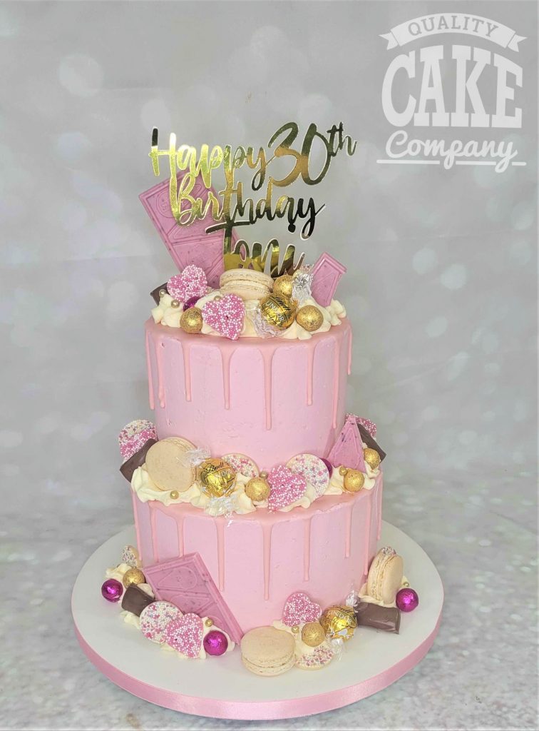 two tier pink and gold drip cake - tamworth