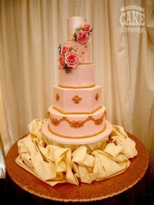Pink filigree gold ornate large wedding five tier cake Tamworth West Midlands Staffordshire