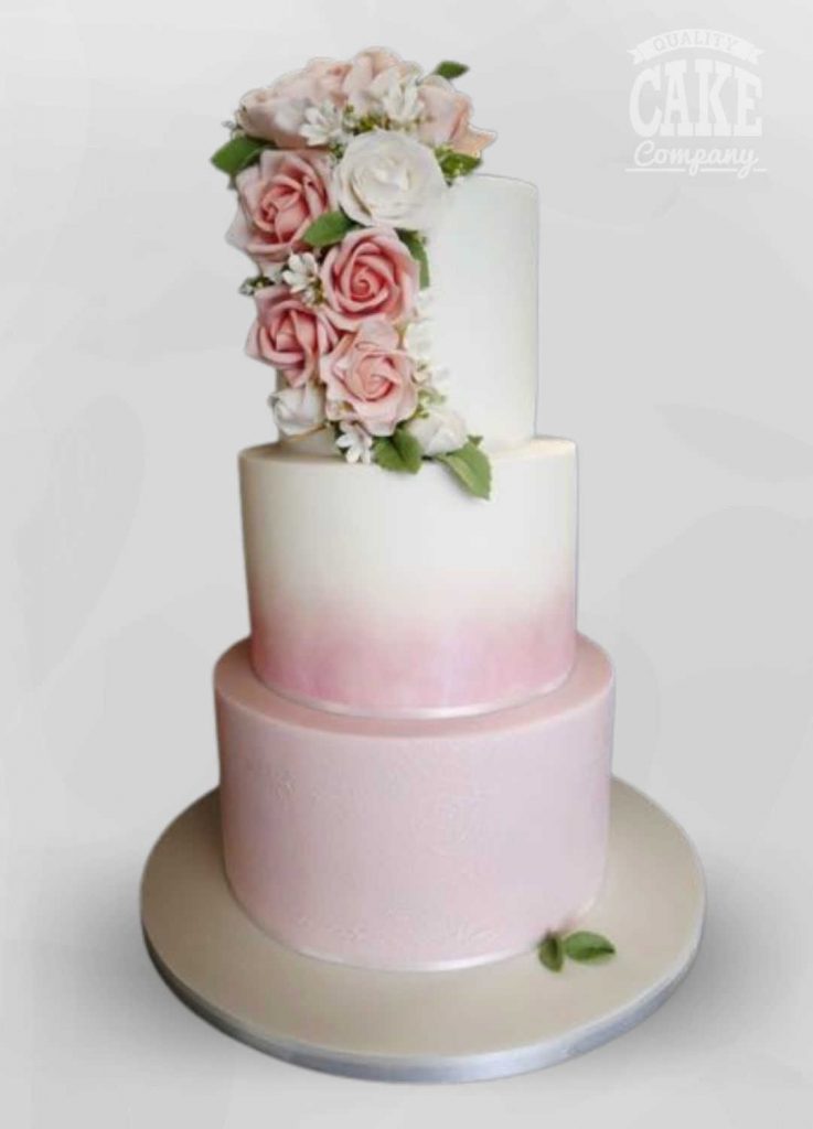 Soft pink ombre three tier cake with roses topper wedding cake Tamworth West Midlands Staffordshire