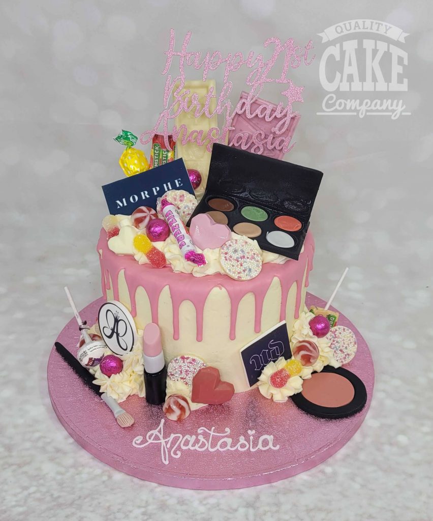 pink sweets and makeup drip cake - Tamworth