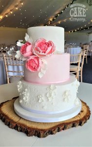 Pink tier large peonies white small flowers three tier wedding cake white stencil Tamworth West Midlands Staffordshire